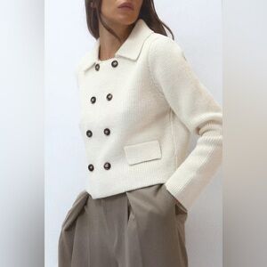 ZARA Ecru Double Breasted Knit Jacket Cropped Size Small